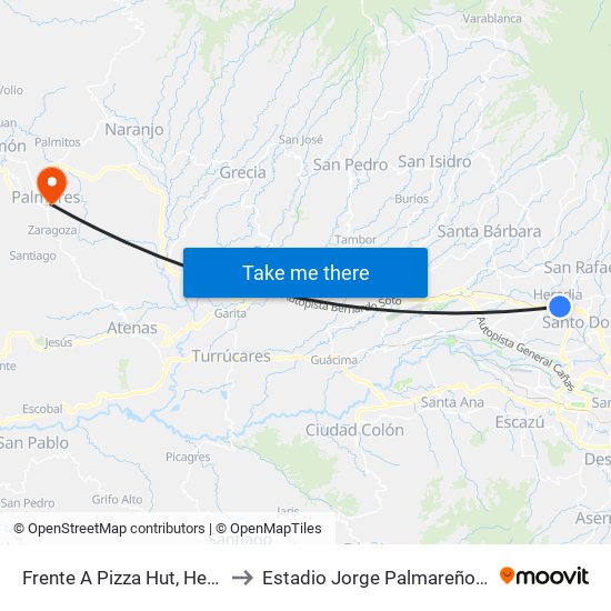 Frente A Pizza Hut, Heredia to Estadio Jorge Palmareño Solís map