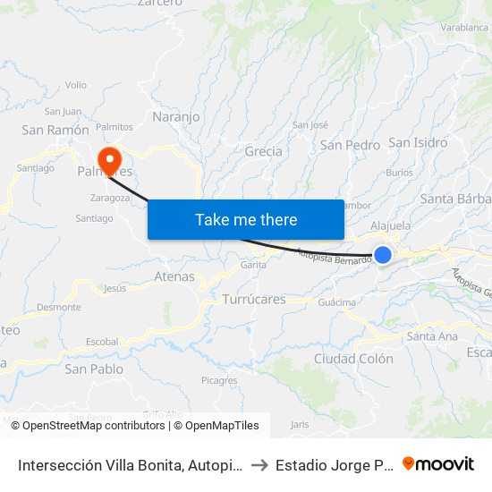 Intersección Villa Bonita, Autopista Bernardo Soto Alajuela to Estadio Jorge Palmareño Solís map
