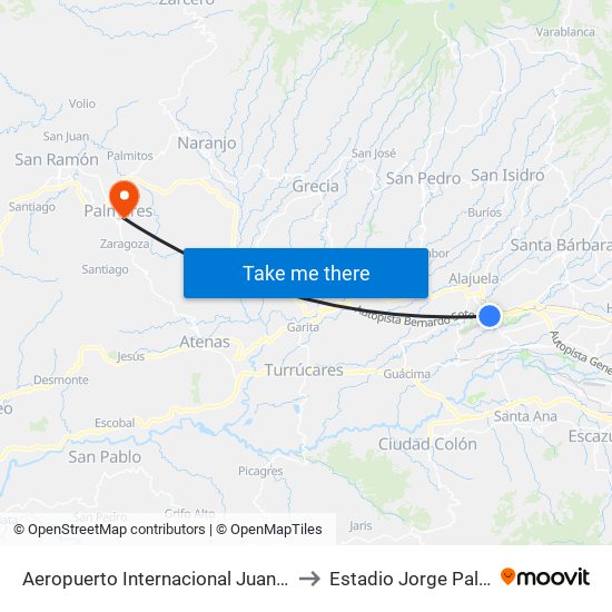 Aeropuerto Internacional Juan Santamaría, Alajuela to Estadio Jorge Palmareño Solís map