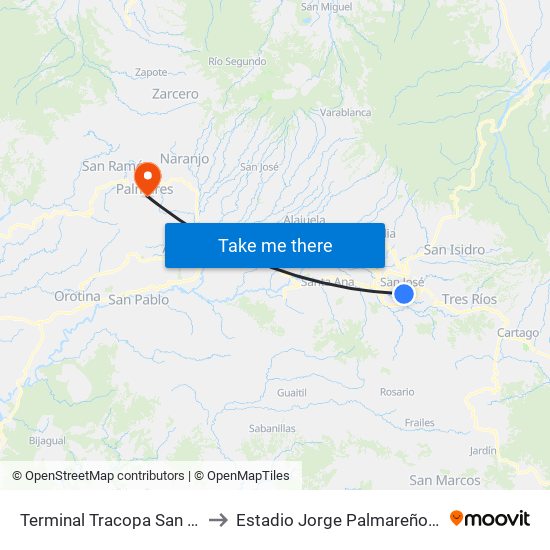 Terminal Tracopa San José to Estadio Jorge Palmareño Solís map