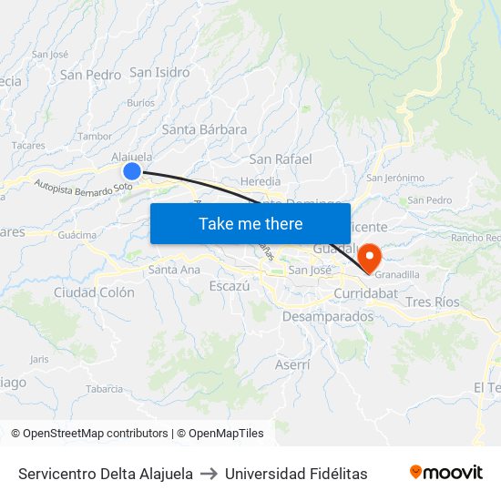 Servicentro Delta Alajuela to Universidad Fidélitas map