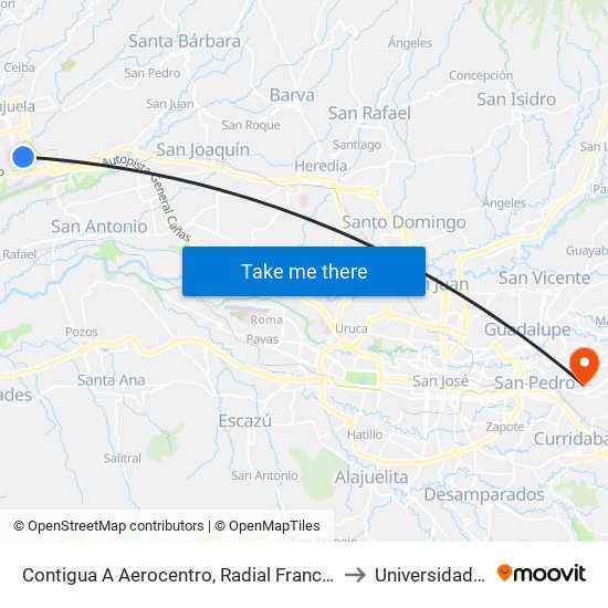 Contigua A Aerocentro, Radial Francisco J. Orlich Alajuela to Universidad Fidélitas map