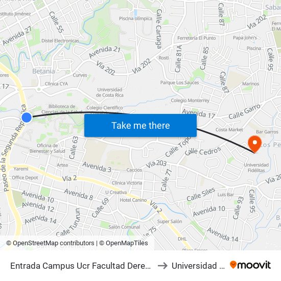 Entrada Campus Ucr Facultad Derecho, Montes De Oca to Universidad Fidélitas map