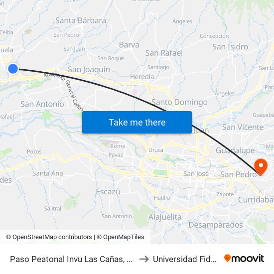 Paso Peatonal Invu Las Cañas, Alajuela to Universidad Fidélitas map