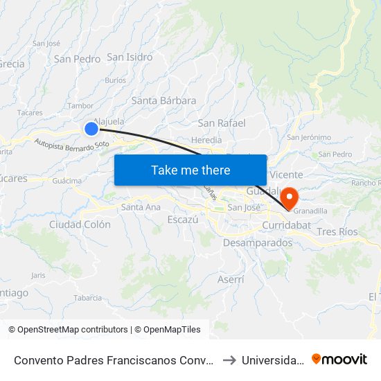 Convento Padres Franciscanos Conventuales, La Trinidad Alajuela to Universidad Fidélitas map