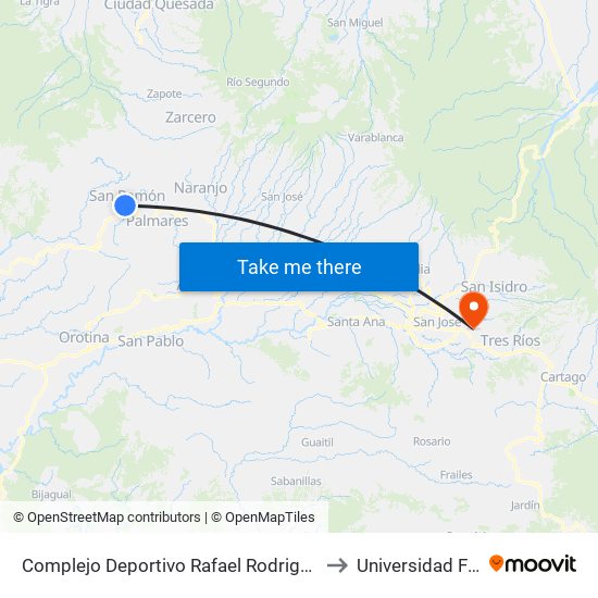 Complejo Deportivo Rafael Rodriguez, San Ramón to Universidad Fidélitas map