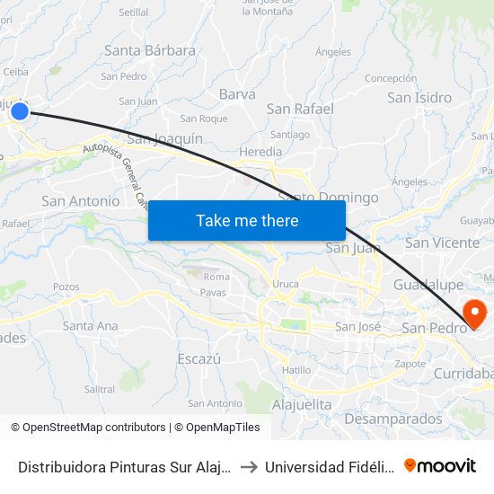 Distribuidora Pinturas Sur Alajuela to Universidad Fidélitas map