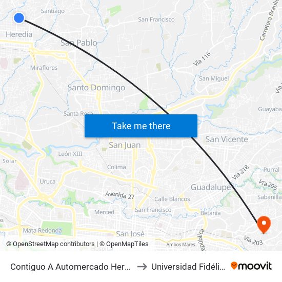 Contiguo A Automercado Heredia to Universidad Fidélitas map