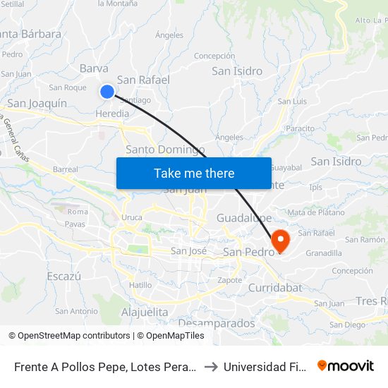Frente A Pollos Pepe, Lotes Peralta Heredia to Universidad Fidélitas map