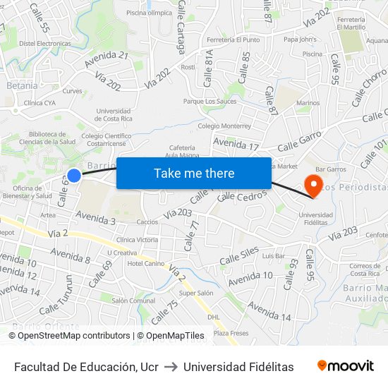 Facultad De Educación, Ucr to Universidad Fidélitas map
