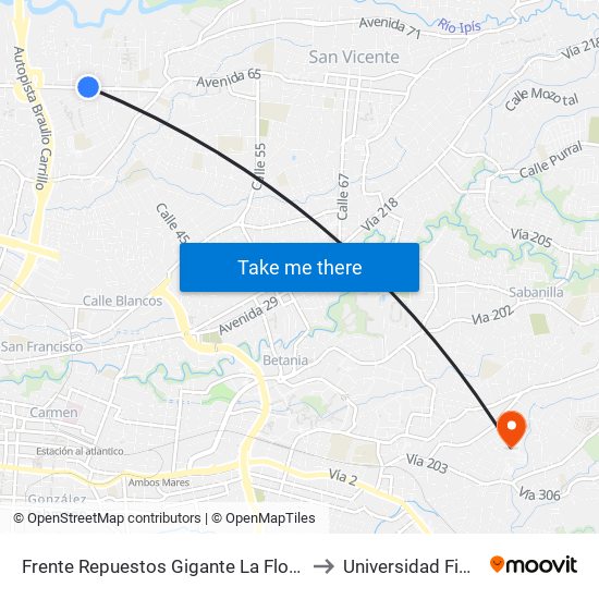 Frente Repuestos Gigante La Florida, Tibás to Universidad Fidélitas map