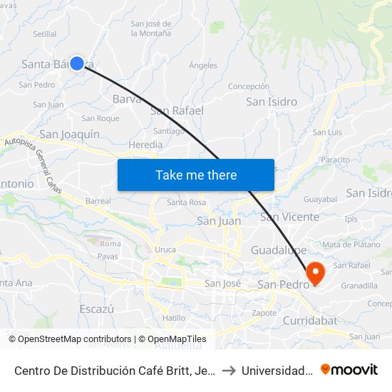 Centro De Distribución Café Britt, Jesús De Santa Bárbara to Universidad Fidélitas map