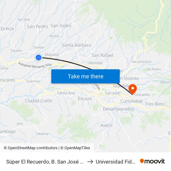 Súper El Recuerdo, B. San José Alajuela to Universidad Fidélitas map