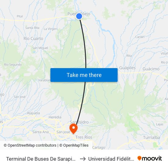 Terminal De Buses De Sarapiqui to Universidad Fidélitas map