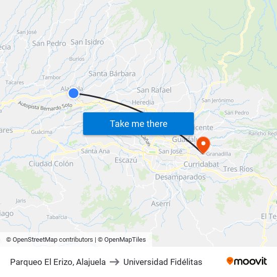 Parqueo El Erizo, Alajuela to Universidad Fidélitas map