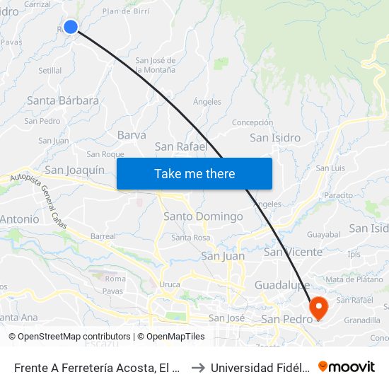 Frente A Ferretería Acosta, El Roble to Universidad Fidélitas map