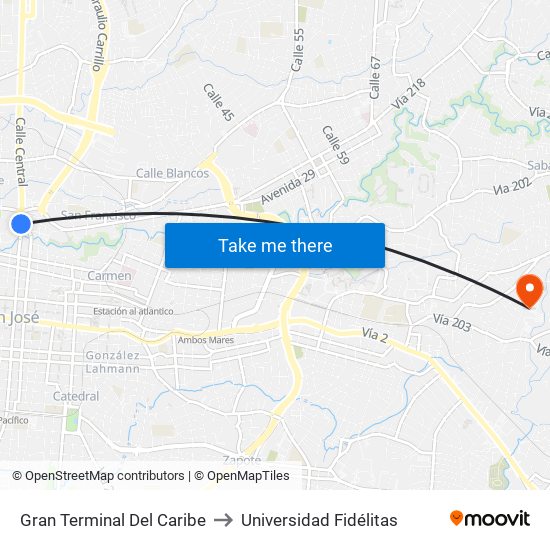 Gran Terminal Del Caribe to Universidad Fidélitas map