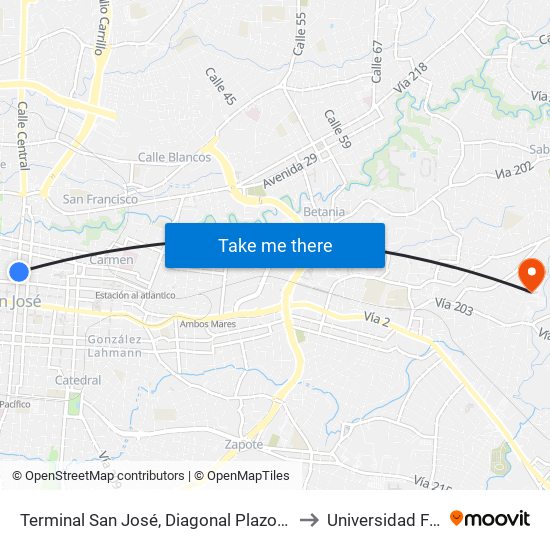 Terminal San José, Diagonal Plazoleta Tiradentes to Universidad Fidélitas map