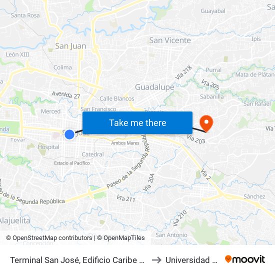 Terminal San José, Edificio Caribe Avenida Segunda to Universidad Fidélitas map