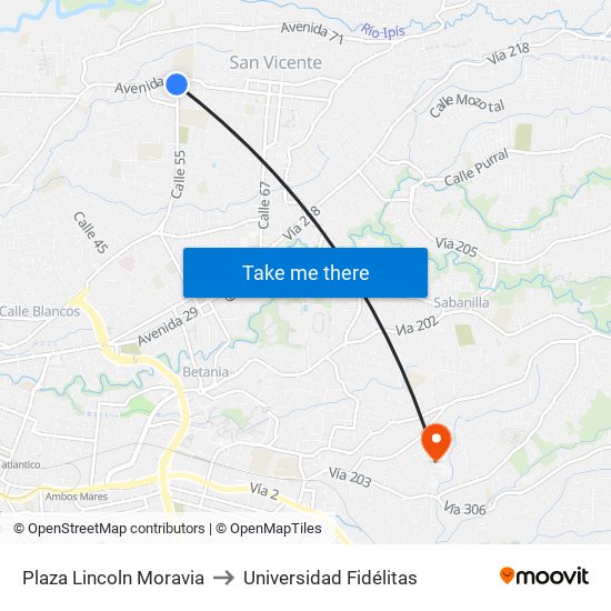 Plaza Lincoln Moravia to Universidad Fidélitas map