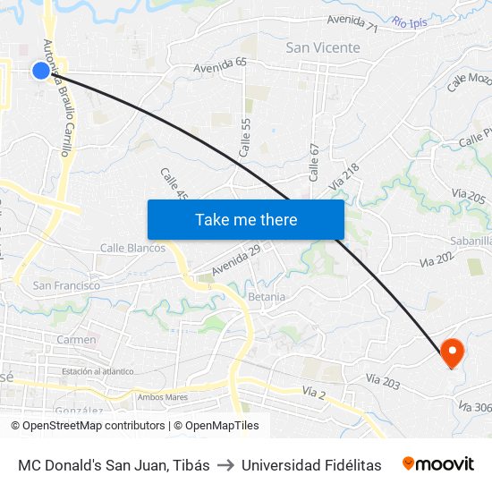 MC Donald's San Juan, Tibás to Universidad Fidélitas map