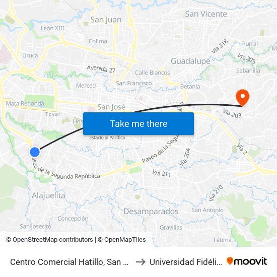 Centro Comercial Hatillo, San José to Universidad Fidélitas map