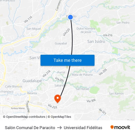 Salón Comunal De Paracito to Universidad Fidélitas map