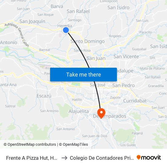 Frente A Pizza Hut, Heredia to Colegio De Contadores Privados map