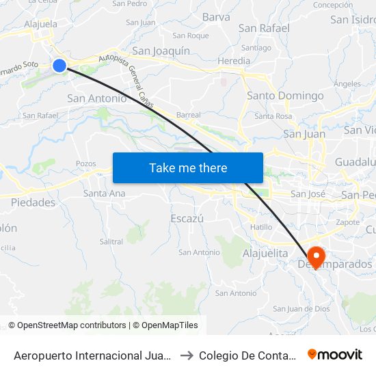 Aeropuerto Internacional Juan Santamaría, Alajuela to Colegio De Contadores Privados map