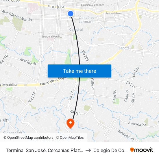 Terminal San José, Cercanías Plaza De Las Garantías Sociales La Soledad to Colegio De Contadores Privados map