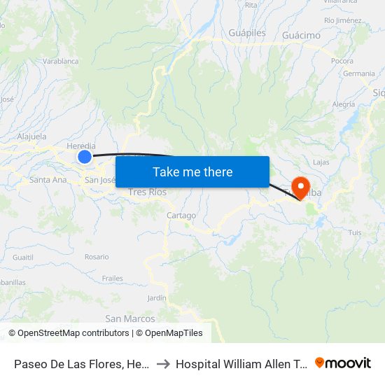 Paseo De Las Flores, Heredia to Hospital William Allen Taylor map