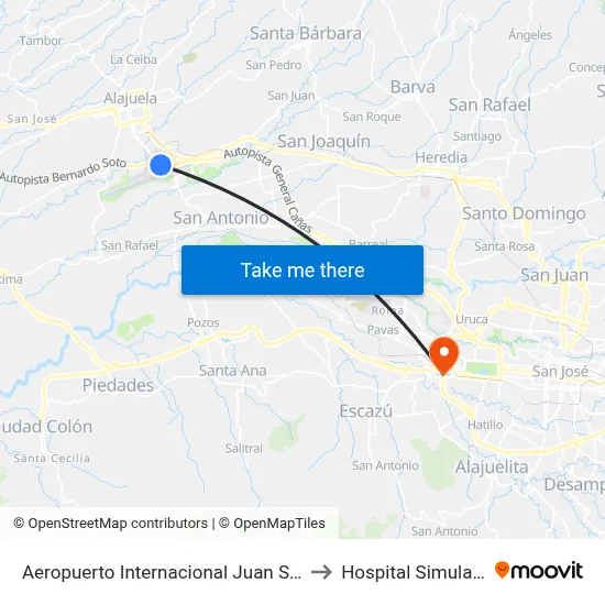 Aeropuerto Internacional Juan Santamaría, Alajuela to Hospital Simulado Ucimed map