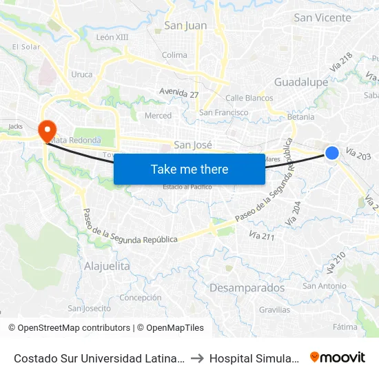 Costado Sur Universidad Latina, Montes De Oca to Hospital Simulado Ucimed map