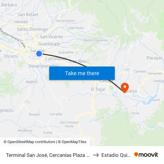 Terminal San José, Cercanías Plaza De Las Garantías Sociales La Soledad to Estadio Quincho Barquero map