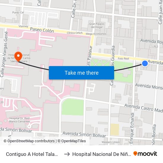 Contiguo A Hotel Talamanca, La Merced San José to Hospital Nacional De Niños Dr. Carlos Sáenz Herrera map