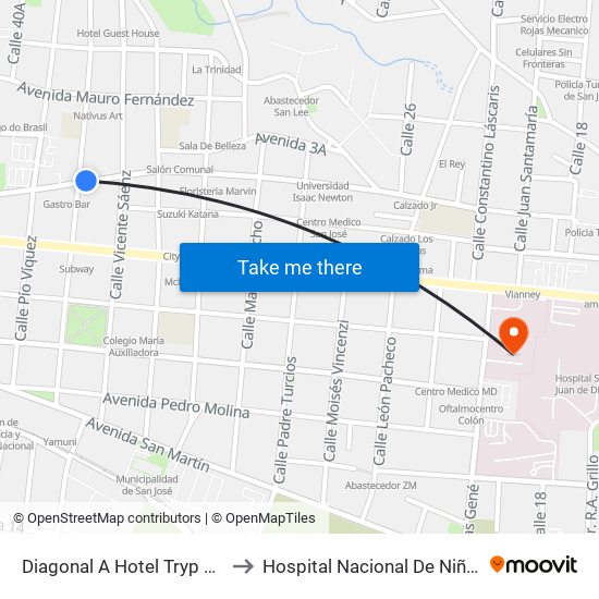 Diagonal A Hotel Tryp Sabana, Mántica San José to Hospital Nacional De Niños Dr. Carlos Sáenz Herrera map