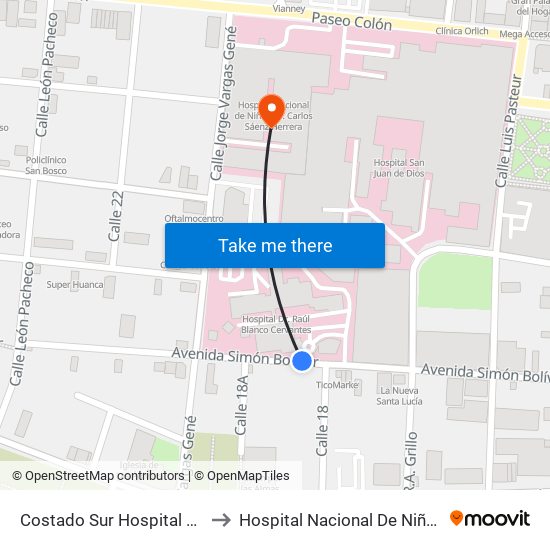 Costado Sur Hospital Dr. Raúl Blanco Cervantes to Hospital Nacional De Niños Dr. Carlos Sáenz Herrera map