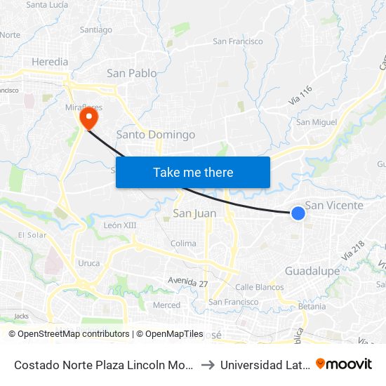 Costado Norte Plaza Lincoln Moravia to Universidad Latina map