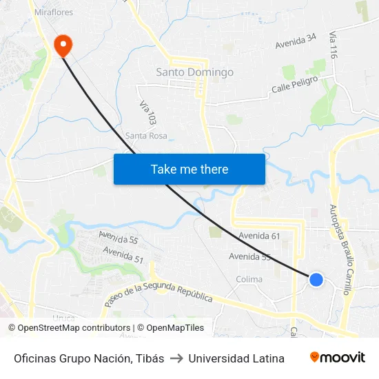Oficinas Grupo Nación, Tibás to Universidad Latina map