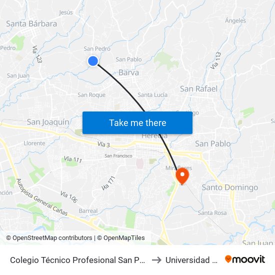 Colegio Técnico Profesional San Pedro, Barva to Universidad Latina map