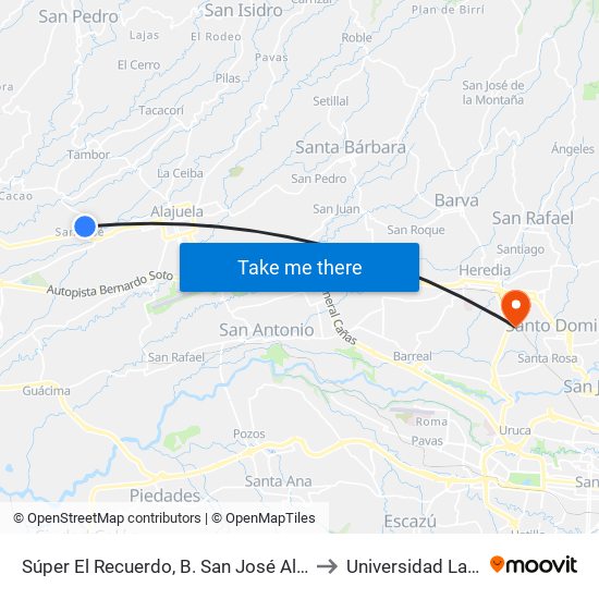 Súper El Recuerdo, B. San José Alajuela to Universidad Latina map