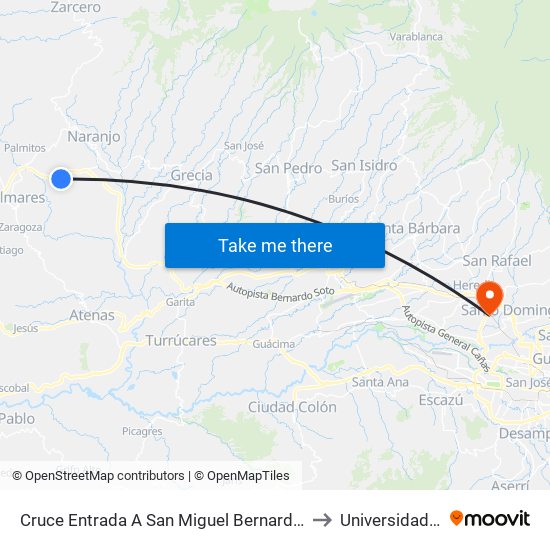 Cruce Entrada A San Miguel Bernardo Soto, Naranjo to Universidad Latina map