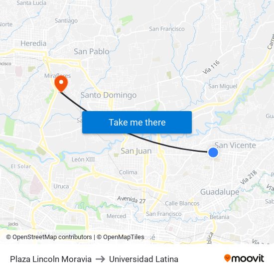 Plaza Lincoln Moravia to Universidad Latina map