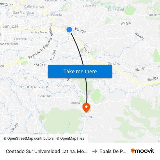 Costado Sur Universidad Latina, Montes De Oca to Ebais De Patarrá map