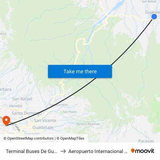 Terminal Buses De Guápiles, Pococí to Aeropuerto Internacional Tobías Bolaños map