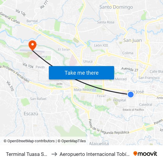 Terminal Tuasa San José to Aeropuerto Internacional Tobías Bolaños map