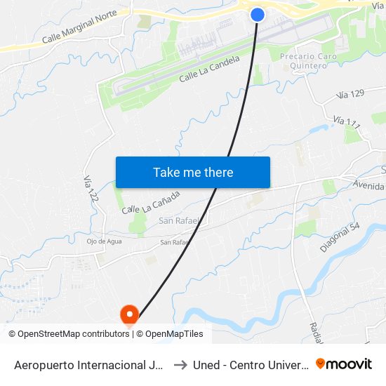 Aeropuerto Internacional Juan Santamaría, Alajuela to Uned - Centro Universitario La Reforma map