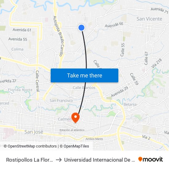 Rostipollos La Florida, Tibás to Universidad Internacional De Las Américas map