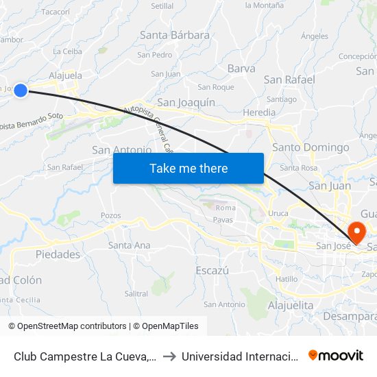 Club Campestre La Cueva, Barrio San José Alajuela to Universidad Internacional De Las Américas map