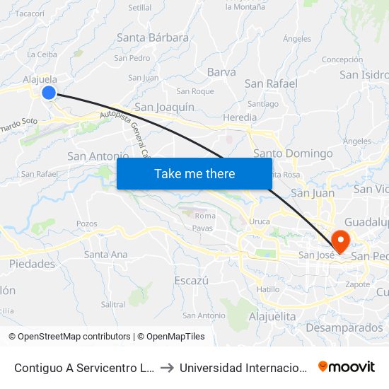 Contiguo A Servicentro La Tropicana, Alajuela to Universidad Internacional De Las Américas map